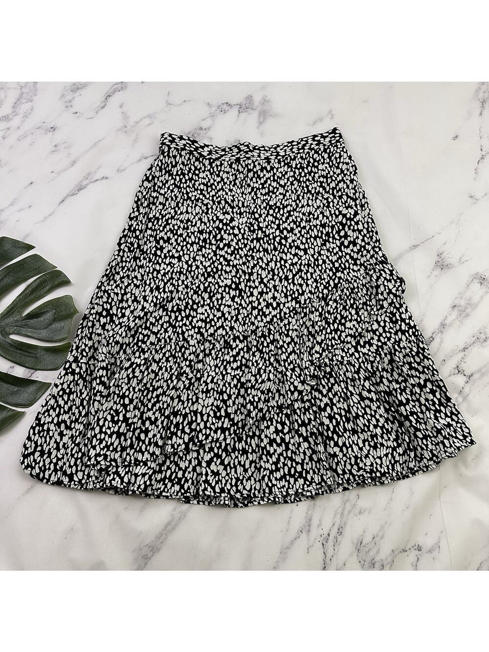 Talbots Womens Ruffle Trim Skirt Size M Black White Dot Print Pull On Flounce